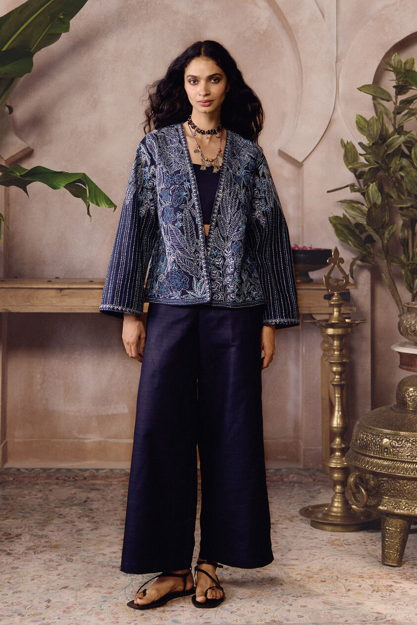 Elwood Hand-embroidered Kantha Silk Jacket Set - Navy, Navy, image 1